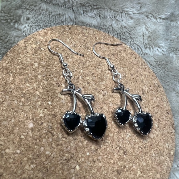 Black Heart Cherry Earrings - Picture 2 of 3